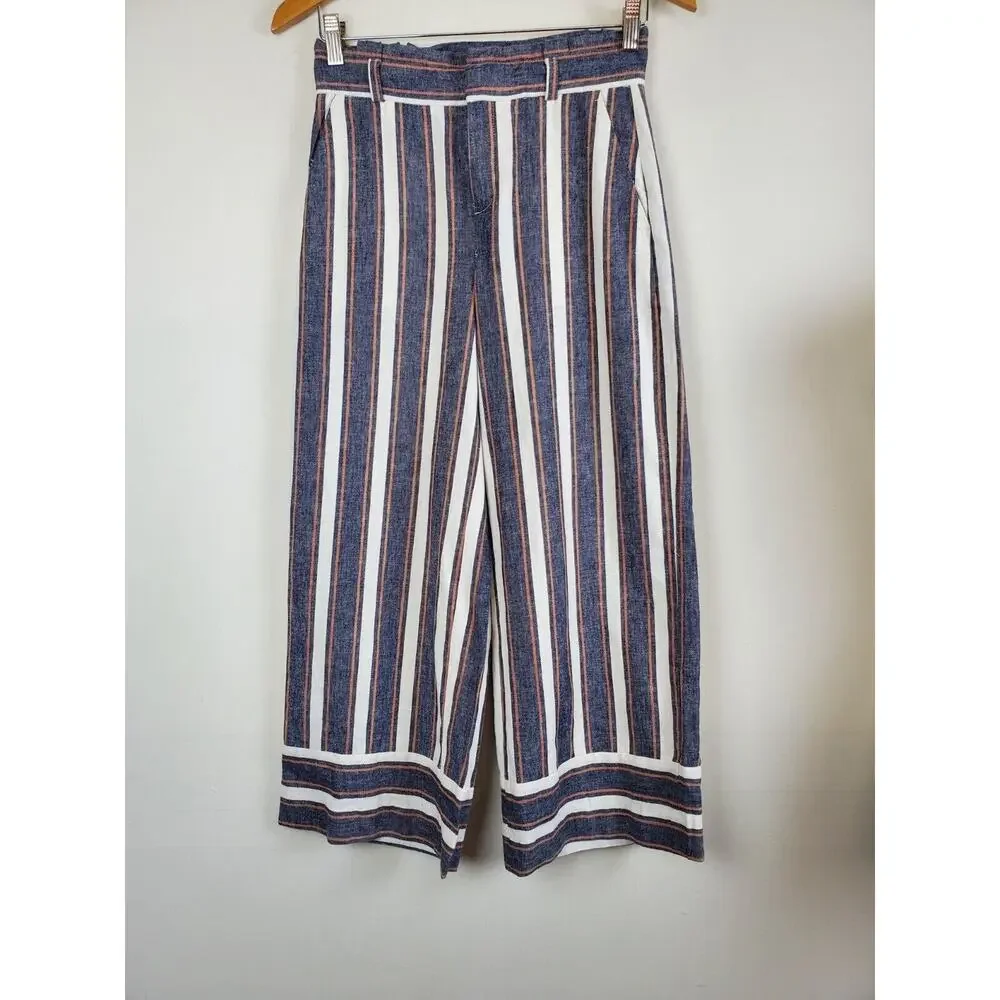 Banana Republic 0 Women LINEN Pants‎ Wide Leg Crop High Rise Striped Blue